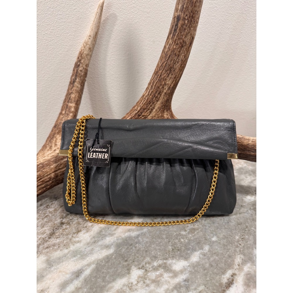 Ande Vintage Gray Genuine Leather Ruched Clutch Shoulder Bag Gold Chain Strap